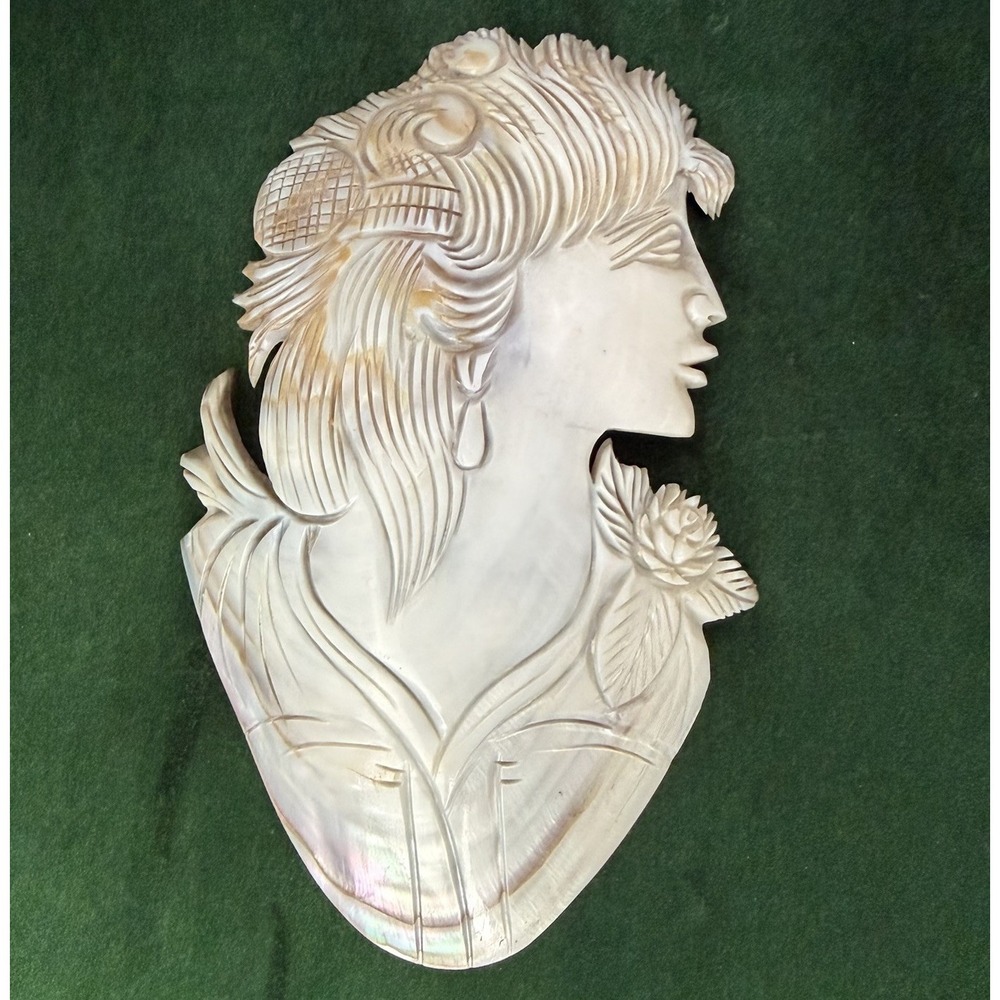 Antique Hand Carved Mother Of Pearl Shell Cameo Large 6-1/2" x 4" Woman Figure